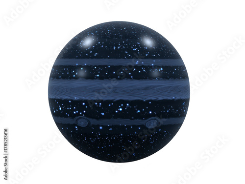 Dark blue planet sphere with glowing stars, swirling cloud bands, and cosmic patterns, evoking mysterious and futuristic space atmosphere, perfect for science fiction or fantasy themes
