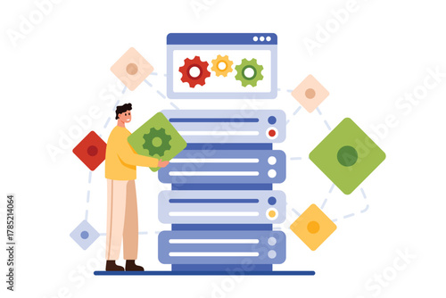 Decentralized application for peer to peer network connection, fintech service. Tiny man using P2P computer network with multiple users, free open source software cartoon vector illustration