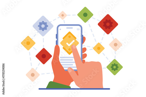 Decentralized mobile application and computing. Hands holding phone with check mark on screen, wireframe of network connection to peers, person using open source software cartoon vector illustration