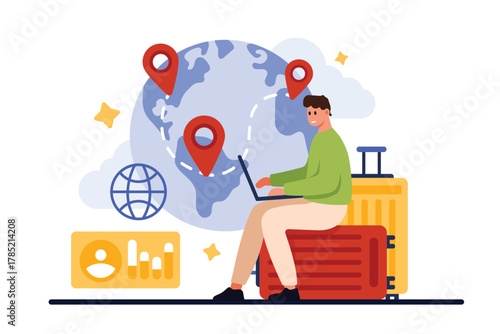 Work and career abroad, global recruitment and distribution program. Tiny man working at laptop, sitting on suitcases near globe with relocation pins on international map cartoon vector illustration