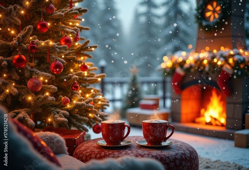 Enchanting Christmas Wonderland Festive Celebration Snowy Tree Twinkling Lights Cozy Atmosphere