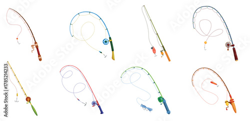 Fishing rod set. Fishing pole collection with reel and handle, hook and bait. Fishers tackle to catch fish in water of lake, sea or river, fisherman equipment for angling cartoon vector illustration