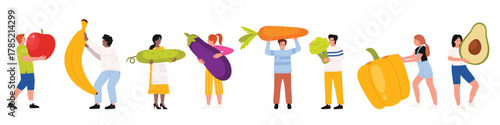 Vegetables and fruits for healthy diet, vegetarian food. Tiny people hold half of avocado and whole broccoli, cucumber and bell pepper for cooking salad, banana for eating cartoon vector illustration
