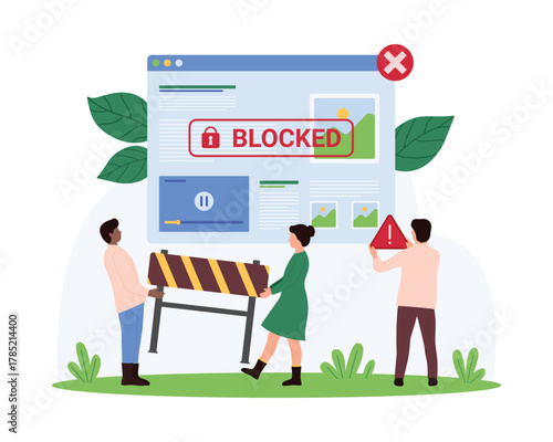Warning message when web page blocked, cyber crime, hacker attack, censorship or ransomware activity. Tiny people holding construction barrier and exclamation mark to warn cartoon vector illustration