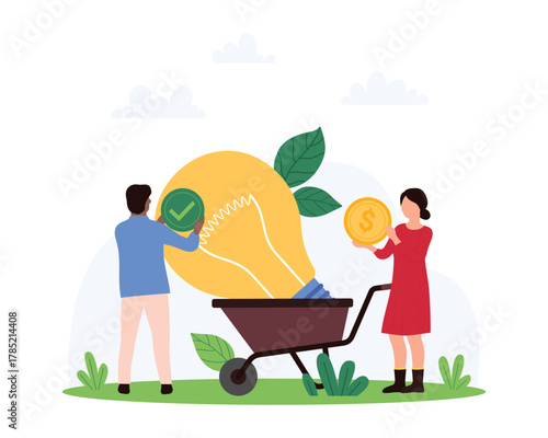 Effective business idea, best smart solution and genius insight for entrepreneurship. Tiny people make money from idea, experts holding coin and tick to check light bulb cartoon vector illustration
