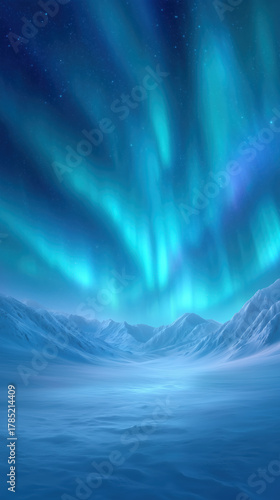Colorful northern lights illuminate the night sky above vast, snowy mountains. The scene captures the beauty and tranquility of a winter evening, with brilliant hues and a peaceful landscape