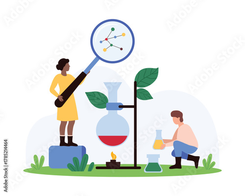 Chemistry research and analysis, chemical experiment in laboratory. Tiny people study molecule model through magnifying glass, heat flask with liquid reagent over burner cartoon vector illustration