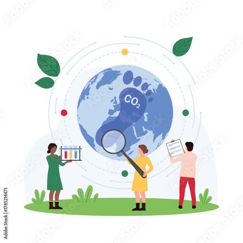 Carbon footprint impact analysis, global environmental pollution with CO2 research. Tiny people look through magnifying glass at Earth climate change, effect of emissions cartoon vector illustration