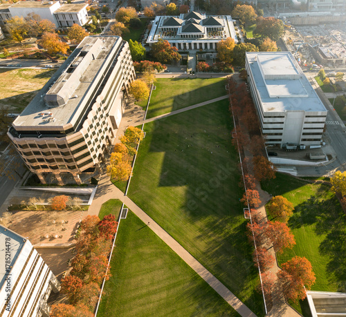 Aerial view of the North Carolina State Government complex in downtown Raleigh with the Legislative Building at the far end