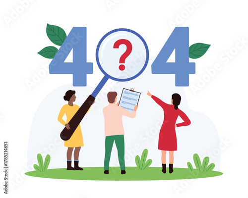 Error 404, page not found, security service warning message. Tiny people study question mark inside text 404 with magnifying glass, research causes of web page crash cartoon vector illustration