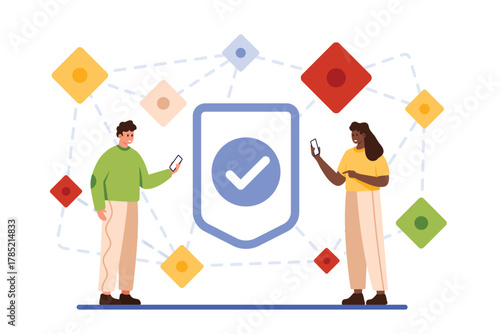 Decentralized mobile application, peer to peer network connection, blockchain technology. Tiny people using P2P computer network with multiple users, check mark on shield cartoon vector illustration