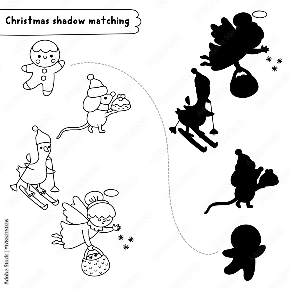 Fototapeta premium Christmas village black and white shadow matching activity with gingerbread man, angel, goose. Winter holiday line puzzle. New Year find correct silhouette printable worksheet, game, coloring page