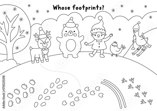 Christmas village black and white matching activity with animals, elf, footprints. Winter holiday line puzzle with polar bear, deer, goose on ski. New Year printable worksheet, coloring page