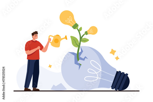 Opportunity to learn from mistakes, success solution, innovation from failure. Tiny man holding watering can to grow green plant with light bulbs from big broken lamp cartoon vector illustration