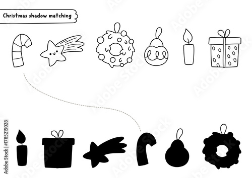 Christmas village black and white shadow matching activity with candy cane, star, wreath. Winter holiday line puzzle. New Year find correct silhouette worksheet, game, coloring page