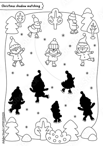 Christmas village black and white shadow matching activity with elves, animals ice skating on rink. Winter holiday line puzzle, coloring page. New Year find correct silhouette worksheet