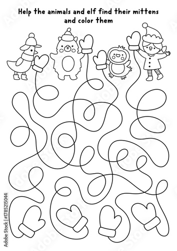 Christmas village black and white maze, matching activity with animals, elf, mittens. Line labyrinth game with bear, goose, penguin. Winter holiday printable activity, worksheet, coloring page