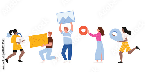 People hold different objects of online services set. Female and male characters holding big envelope with letter and like heart, protection lock and GPS pin, photo cartoon vector illustration