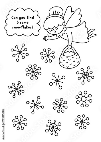Find three same snowflakes men. Christmas black and white matching activity. Winter holiday worksheet for kids with angel, snowfall. New Year line printable game, coloring page