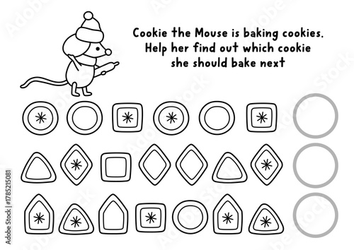 What comes next. Christmas black and white logical activity with cute mouse and gingerbread cookies. Winter holiday line logic succession worksheet. Continue the row game, coloring page