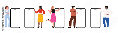People show mobile phone screen mockups set. Tiny female and male users characters holding big smartphone, happy young man and woman showing devices with blank displays cartoon vector illustration