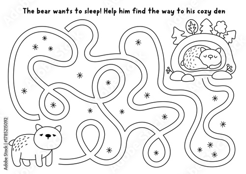 Christmas village black and white maze for children with bear and his den. Line labyrinth game with animal, cozy lair. Winter holiday printable activity, worksheet, coloring page