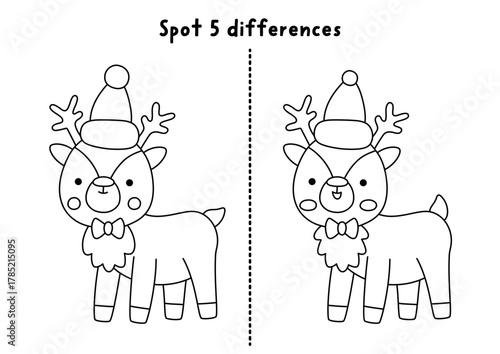 Wallpaper Mural Christmas line find differences game for children. Winter holiday black and white educational activity with deer. Cute puzzle for kids with New Year animal. Printable worksheet, coloring page Torontodigital.ca