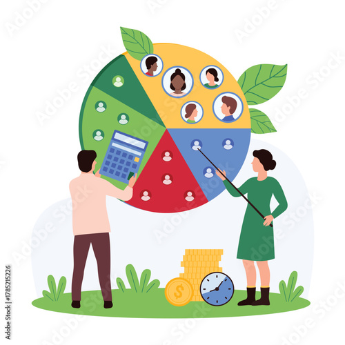 Audience segmentation, demographic research of target marketing. Tiny people work with survey results in pie chart to identify customers segment and potential client group cartoon vector illustration