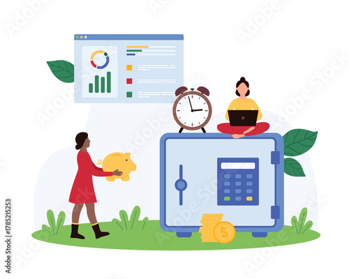 Safety of bank deposit, online banking security and savings secure storage. Tiny people protect money box and bank account with safe strongbox, trust in financial system cartoon vector illustration