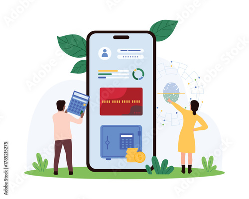 Fingerprint verification and access to safe bank account in banking mobile app. Tiny people work with credit card, financial data and money box on smartphone screen cartoon vector illustration