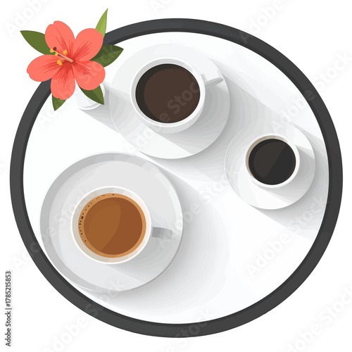 Overhead View of Three Cups of Coffee on White Tray with Red Flower Illustration