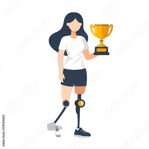 Illustration of Amputee Woman Holding Golden Trophy Wearing White Shirt and Black Shorts Against White Background
