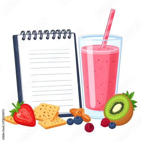 Nutritious Pink Smoothie Next to Open Notebook and Fresh Fruit Arrangement on White Background