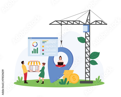 Place and location of new retail store, online navigation for business startup. People holding small store building, construction crane carrying location point for map cartoon vector illustration