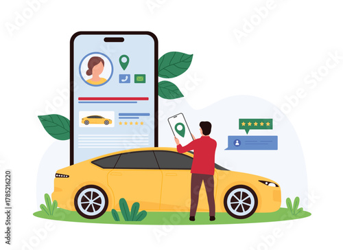 Rent car in mobile app. Tiny man booking motor vehicle or driver with automobile for city trip, profile of car owner on smartphone screen for online communication cartoon vector illustration