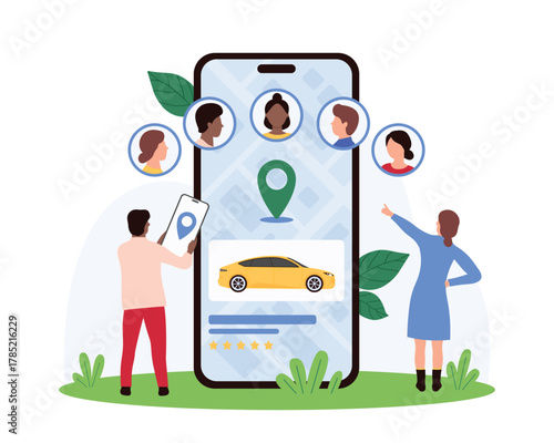 Online car sharing service with control via mobile phone app, connected vehicle remote parking. Tiny people use application with car and location pin on smartphone screen cartoon vector illustration