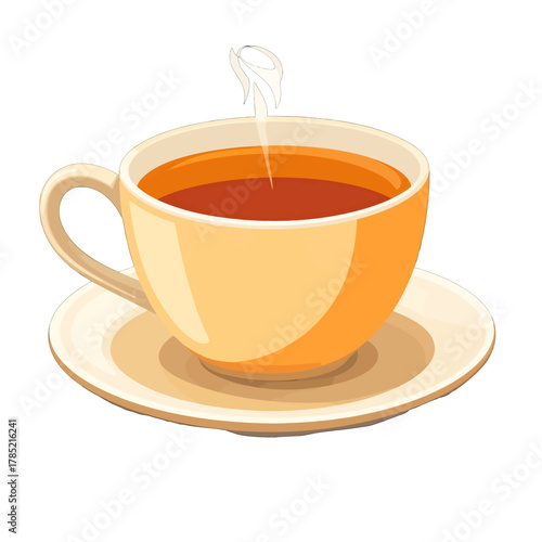 Steaming Tea in Amber Cup on Saucer Isolated on White Background