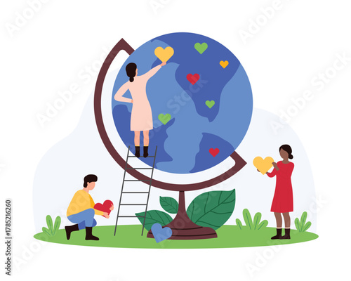 Charity of volunteers community, help from international charitable nonprofit organization and world unity. Tiny people with love to Earth planet pin hearts to globe cartoon vector illustration