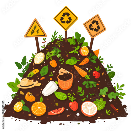 Pile of Compost with Food Scraps Soil Leaves and Signage on White Background