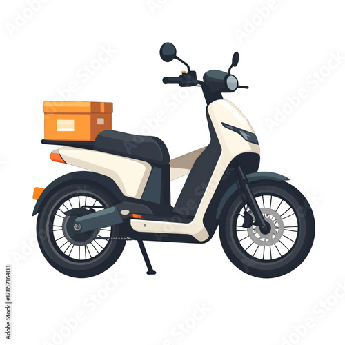Pixel Art Electric Scooter in White and Dark Blue with Box on Rack Against White Background Digital Rendered Illustration