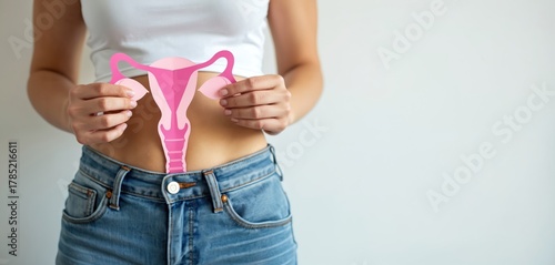 Woman holds paper uterus model near her abdomen. Discussing female reproductive health, womens issues, pregnancy, fertility, and diseases like PCOS or cancer. © Vadym