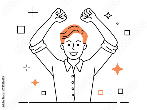 Line drawing of a man with orange hair raising his fists in celebration pose