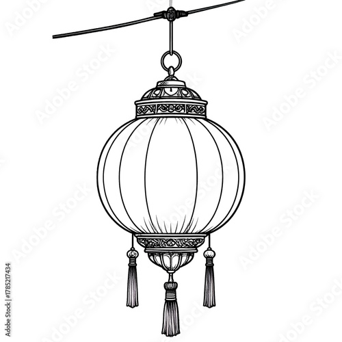 Detailed Line Art Illustration of a Round Hanging Decorative Lantern with Intricate Designs and Tassels Isolated on White Background