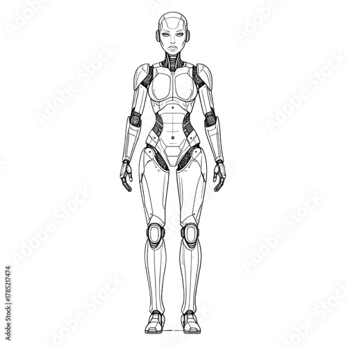 Full Body Sketch of a White Mechanical Robot Figure on White Background with Metallic Details and Complex Joint Design