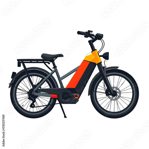 Pixelated Electric Bicycle with Orange and Black Frame Against White Background
