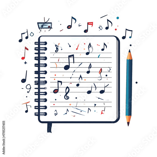 Open Notepad with Black Cover and Spring Binding Full of Musical Notes Surrounded by Floating Notes and Pencil on White Background