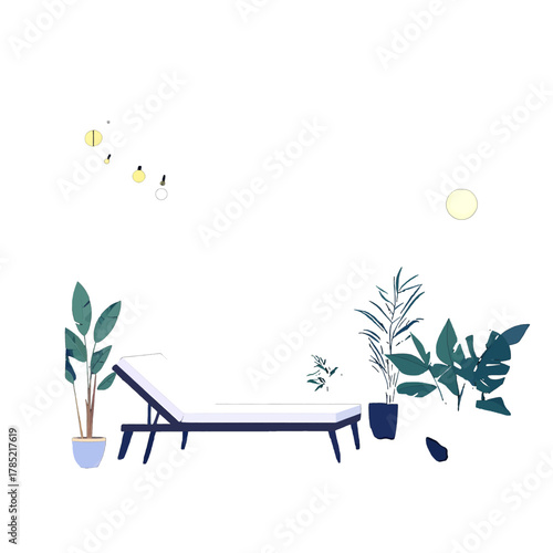 Modern Blue Deck Chair with Potted Plants on White Background in Soft Lighting Style