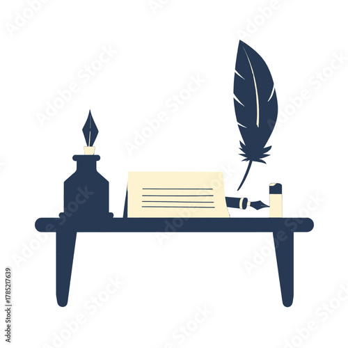 Dark Blue Inkwell and Feather Quill on Wooden Desk with Parchment Paper Illustration