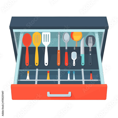 Open Kitchen Drawer with Utensils Including Spatulas and Spoons in Orange, Yellow, and Gray on White Background