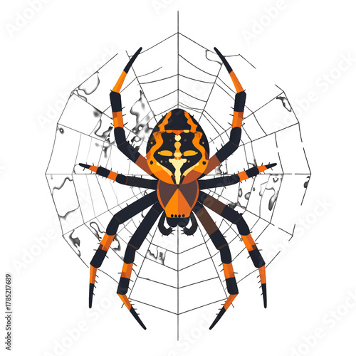 Pixel Art of a Spider on Web with Black and Orange Colors on a White Background